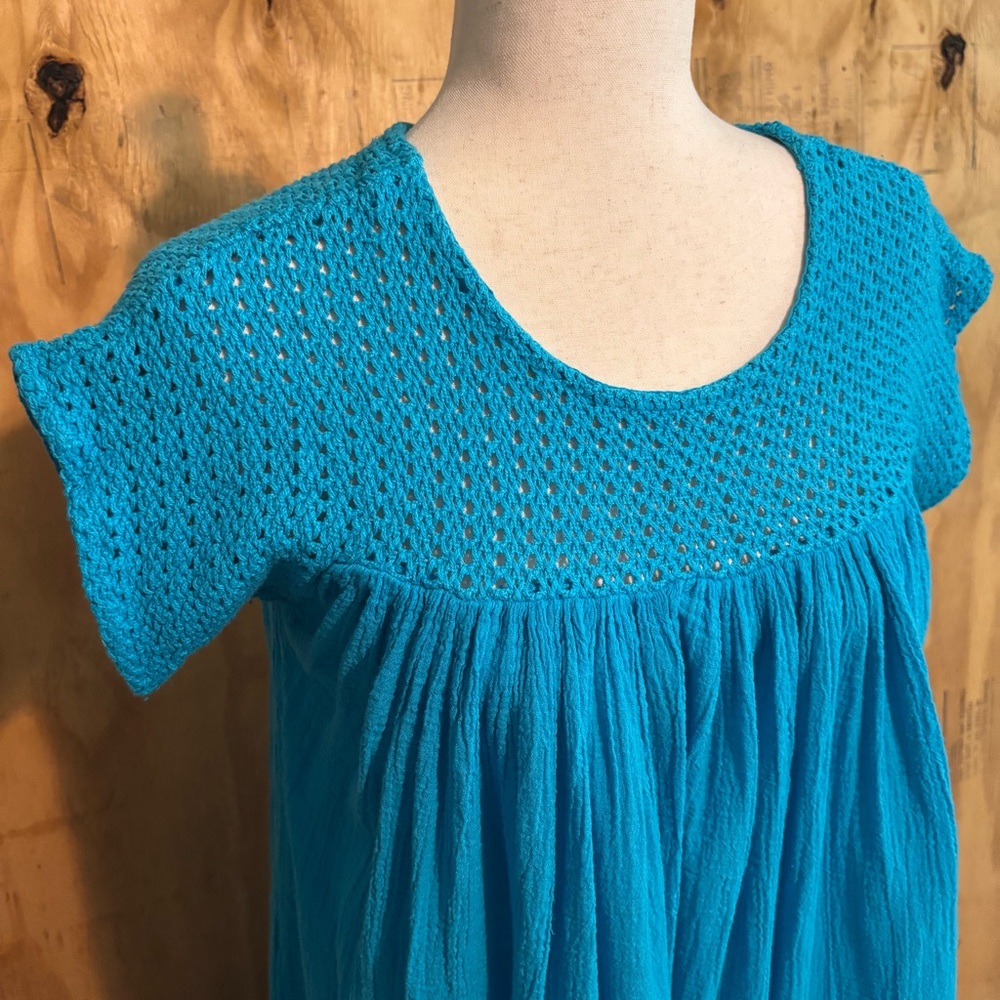 Vintage AC Gauze 70s Turquoise Boho Dress Crochet Bib Flowy 100% Cotton - Picture 2 of 5